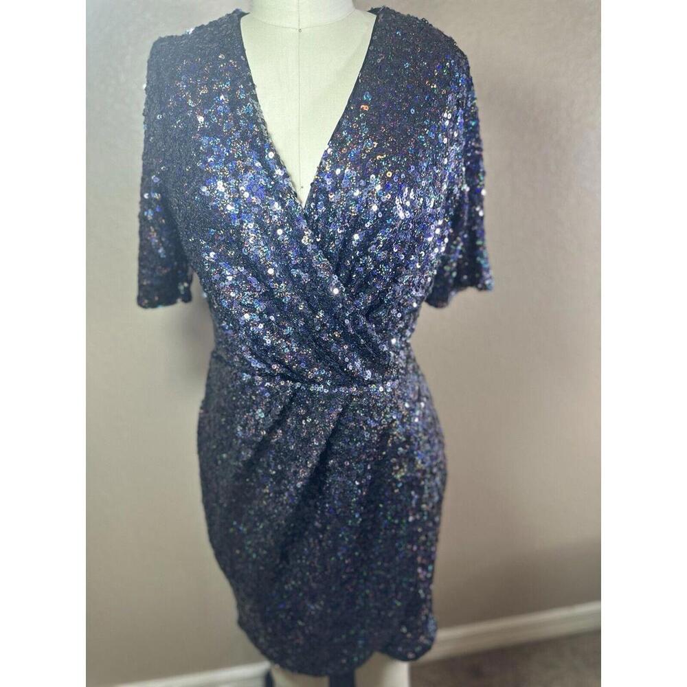 French Connection Dress Mini Sequin Ruched Waist Front Flap Charcoal Size 14